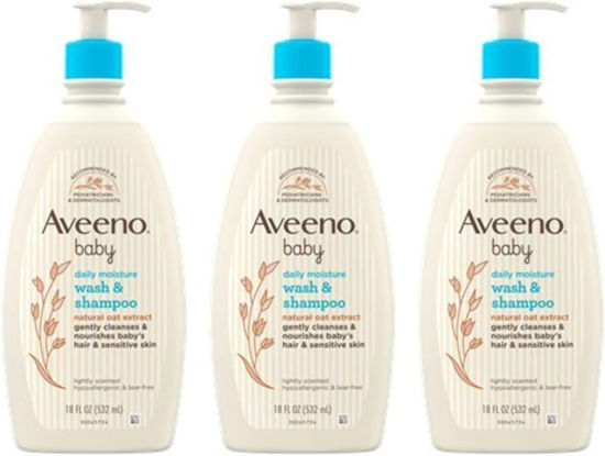 Picture of Aveeno Baby Daily Moisture Gentle Bath Wash & Shampoo with Natural Oat Extract, Hypoallergenic, Tear-Free & Paraben-Free Formula For Sensitive Hair & Skin, Lightly Scented, 18 Fl Oz (Pack of 3)