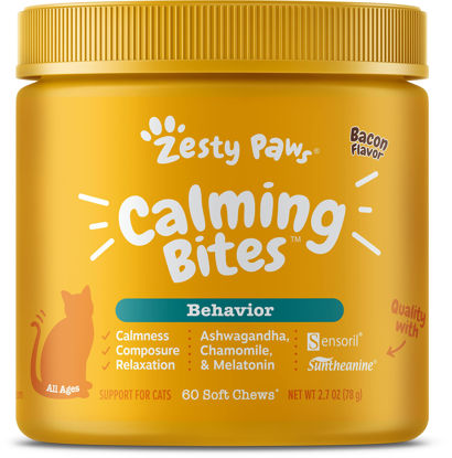 Picture of Zesty Paws Calming Chews for Cats - Composure & Relaxation for Everyday Stress & Separation - with Ashwagandha, Organic Chamomile, L-Theanine & L-Tryptophan - Bacon - 60 Count - Cat