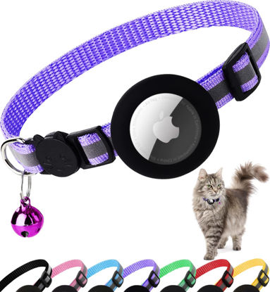 Picture of Airtag Cat Collar Breakaway, Reflective Kitten Collar with Apple Air Tag Holder and Bell for Girl Boy Cats, 0.4 Inches in Width and Lightweight(Purple)