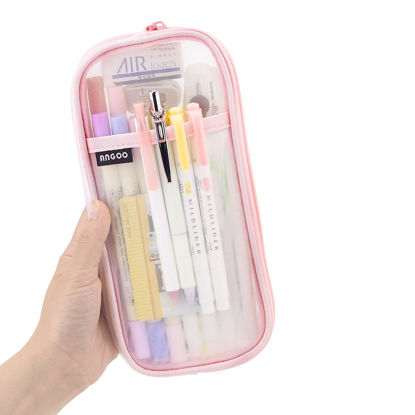 Picture of EASTHILL Grid Mesh Pen Pencil Case with Zipper Clear Makeup Color Pouch Cosmetics Bag Multi-Purpose Travel School Teen Girls and Boys Transparent Stationary Bag Office Organizer Box for Adluts(Pink)