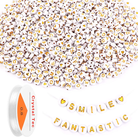 Picture of Letter Beads, DECYOOL 1900Pcs 4×7mm White Gold Acrylic Alphabet Beads with 1 Roll Elastic String for Bracelet Necklace Jewelry Making Supplies