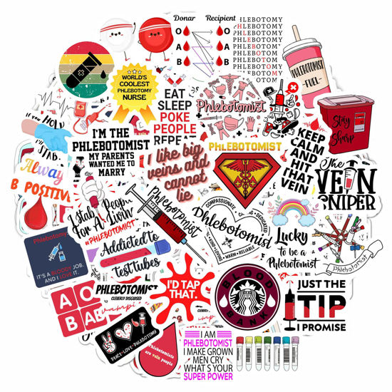 Picture of 100 Pcs Phlebotomy Stickers, Phlebotomy Gifts for Women, Students & Men, Phlebotomist Accessories, Phlebotomist Stickers for Laptops & Water Bottles, Phlebotomist Badge, Phlebotomy Pins