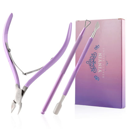 Picture of Cuticle Trimmer with Cuticle Pusher and Cutter-YINYIN Cuticle Nipper Professional Stainless Steel Cuticle Clippers Durable Pedicure Manicure Tools for Fingernails and Toenails(Purple)