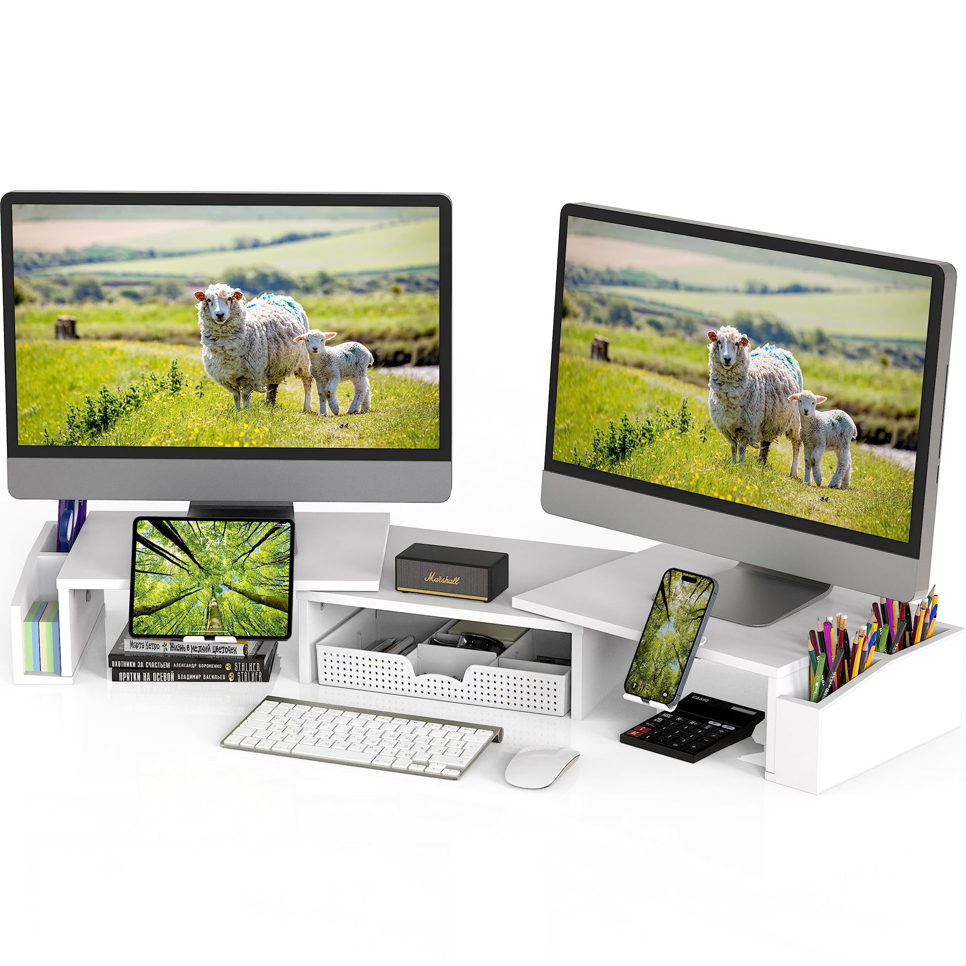 GetUSCart Simple Houseware Desk Dual Monitor Stand Riser with Drawer