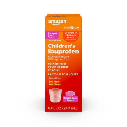 Picture of Amazon Basic Care Children's Ibuprofen Oral Suspension 100 mg per 5 mL, Pain Reliever and Fever Reducer (NSAID), Bubblegum Flavor, 8 Fl Oz