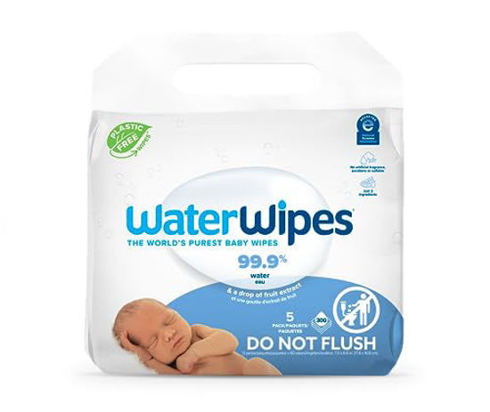 Picture of WaterWipes Plastic-Free Original Baby Wipes, 99.9% Water Based Wipes, Unscented & Hypoallergenic for Sensitive Skin, 300 Count (5 packs), Packaging May Vary