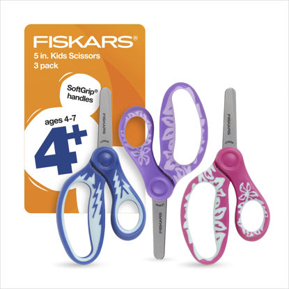 Picture of Fiskars 5" SoftGrip Blunt-Tip Scissors for Kids 4-7 (3-Pack) - Scissors for School or Crafting - Blue, Purple, Pink