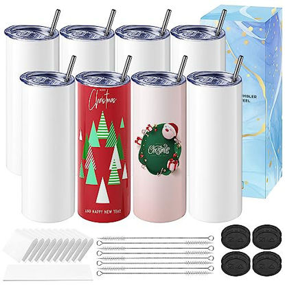 Picture of Hiipoo 8 Pack Sublimation Tumblers Blank 20 oz Straight Skinny with Sublimation Papers, Lids and Straws, Shrink Wrap, Stainless Steel Double Wall Insulated Tumbler for Tumbler Press Machine