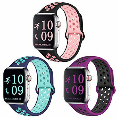 Picture of Zekapu Compatible with Apple Watch Band 40mm 38mm, for Women Men, S/M, Breathable Silicone Sport Replacement Wrist Band Compatible for iWatch Series 5/4/3/2/1,Black-Pink,Blue-Teal,Fushcia-Black