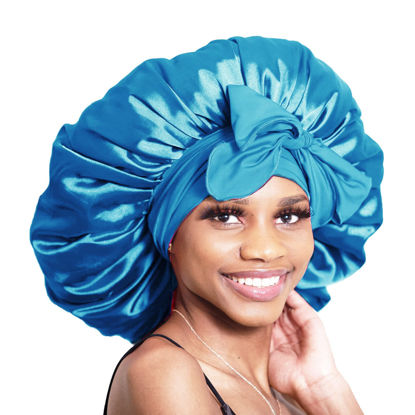 Picture of Bonnet Queen Silk Bonnet for Sleeping Satin Bonnet Hair Bonnet Braid Bonnet Adjustable Bonnet Tie Bonnets Night bonnets Sleep Bonnet for Women Curly Hair Aqua Blue