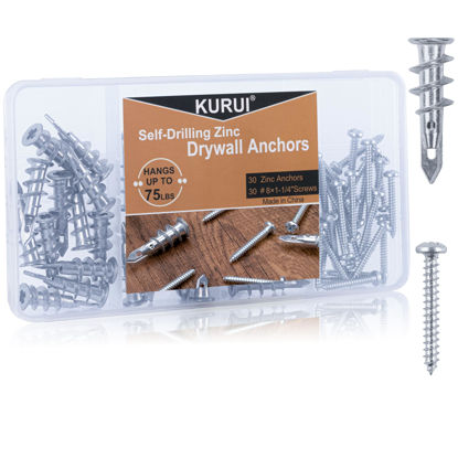 Picture of KURUI #8 Zinc Self-Drilling Drywall Anchors, 60PCs Hollow Metal Wall Anchors and Screws Kit, 30 Heavy Duty Anchors + 30#8 x 1-1/4'' Screws, 75LB Hanging and Mounting