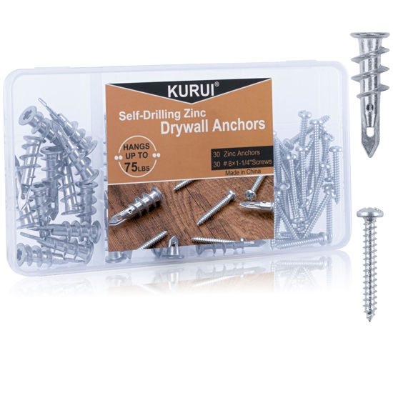 Picture of KURUI #8 Zinc Self-Drilling Drywall Anchors, 60PCs Hollow Metal Wall Anchors and Screws Kit, 30 Heavy Duty Anchors + 30#8 x 1-1/4'' Screws, 75LB Hanging and Mounting