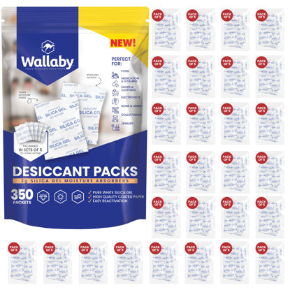 Picture of Wallaby 2 gram (350 Packets) Food Safe Pure White Silica Gel Desiccant Dehumidifier Packs - Rechargeable & Coated Moisture Absorbers - Protects Against Moisture Damage - (Packed in 70x Sets of 5)