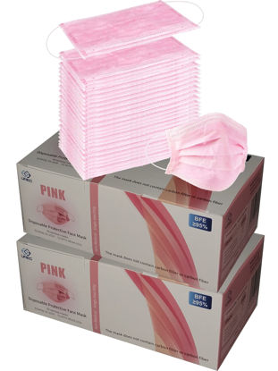 Picture of 100 PCS Pink Lady Style Disposable Earloop Face Masks,3-Ply (2xNon-Woven/1xMelt-Blown Fabric) Single Use w.Nose Clip,High Filtration Ventilation Security Hygiene Protection for Adults Women,Latex Free