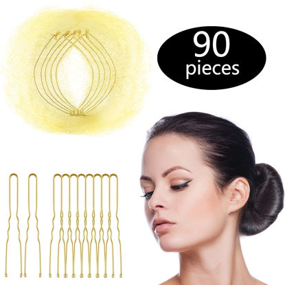 Picture of Hair Nets Invisible Elastic Edge Mesh and U Shaped Pins Set, 50 Pieces 50 cm Individual Package Invisible Hair Nets, 40 Pieces U Shaped Pins for Ballet Bun, Sleeping, Women and Wig(Beige)