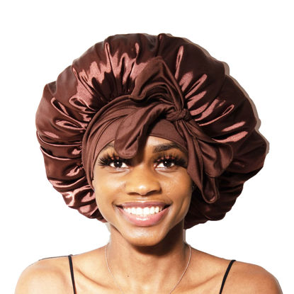 Picture of BONNET QUEEN Silk Bonnet for Sleeping Satin Bonnet Medium Hair Bonnet for Sleep Cap for Curly Hair Night Bonnets for Women Curly Hair Brown