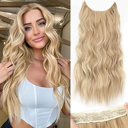 Picture of KooKaStyle Invisible Wire Hair Extensions with Transparent Wire Adjustable Size 4 Secure Clips Long Wavy Secret Hairpiece (24 Inch, Light Brown mix Highlight Blonde)