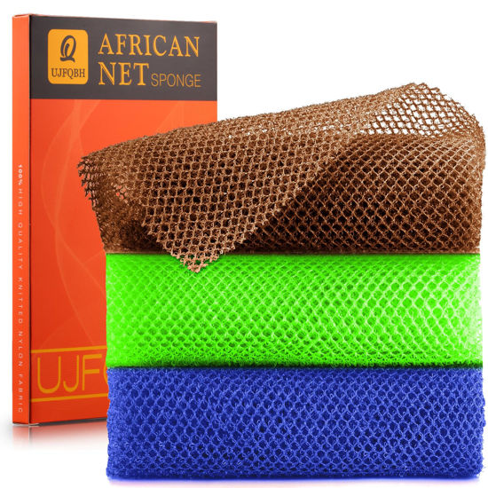 GetUSCart- 3 Pieces African Bath Sponge African Net Long Net Bath Sponge  Exfoliating Shower Body Scrubber Back Scrubber Skin Smoother,Great for  Daily Use (Brown、Blue、Green)
