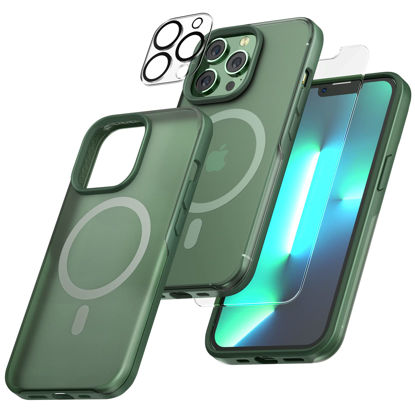 Picture of TAURI [5 in 1 Magnetic for iPhone 13 Pro Case [Compatible with MagSafe] with 2 Screen Protector + 2 Camera Lens Protector, [Military Grade Protection] Translucent Matte Slim Cover 6.1 Inch, Green