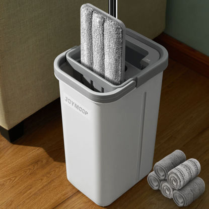 Picture of JOYMOOP Mop and Bucket with Wringer Set, Hands Free Flat Floor Mop and Bucket, with 5 Washable Microfiber Pads, Mops for Floor Cleaning and Wall Cleaner