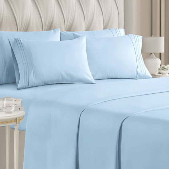 Picture of Queen Size Sheet Set - 6 Piece Set - Hotel Luxury Bed Sheets - Extra Soft - Deep Pockets - Easy Fit - Breathable & Cooling Sheets - Comfy - Light Blue Bed Sheets - Baby Blue - Queens Sheets - 6 Pc