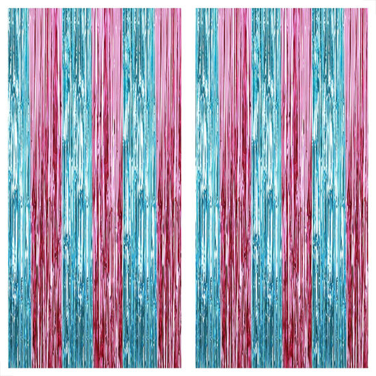 Picture of XtraLarge, Blue and Pink Fringe Backdrop - 6.4x8 Feet, Pack of 2 Gender Reveal Boy or Girl Pink and Blue He or She Decorations