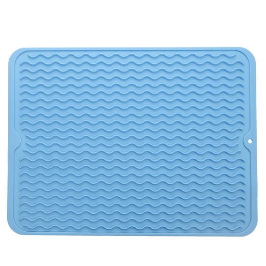 Picture of MicoYang Silicone Dish Drying Mat for Multiple Usage,Easy clean,Eco-friendly,Heat-resistant Silicone Mat for Kitchen Counter or Sink,Refrigerator or drawer liner Light Blue L 16 inches x 12 inches