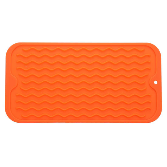 Picture of MicoYang Silicone Dish Drying Mat for Multiple Usage,Easy clean,Eco-friendly,Heat-resistant Silicone Mat for Kitchen Counter,Sink,Bar,Bottle,or Cup Orange S 12 inches x 6 inches