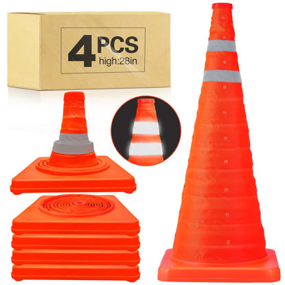 Picture of [4 Pack]28 Inch Collapsible Traffic Safety Cones - Parking Cones with Reflective Collars,Orange Safety Cones for Parking lot，Driveway, Driving Training etc.