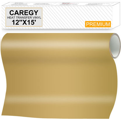 Picture of CAREGY HTV Heat Transfer Vinyl Iron on Vinyl 12 inch x15 Feet Roll Easy to Cut & Weed Iron on DIY Heat Press Design for T-Shirts Gold