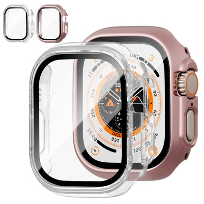 Picture of 2 Pack Case with Tempered Glass Screen Protector for Apple Watch Ultra 49mm,JZK Slim Guard Bumper Full Coverage Hard PC Protective Cover Thin Case for iWatch Ultra 49mm Accessories,Rose Gold+Clear
