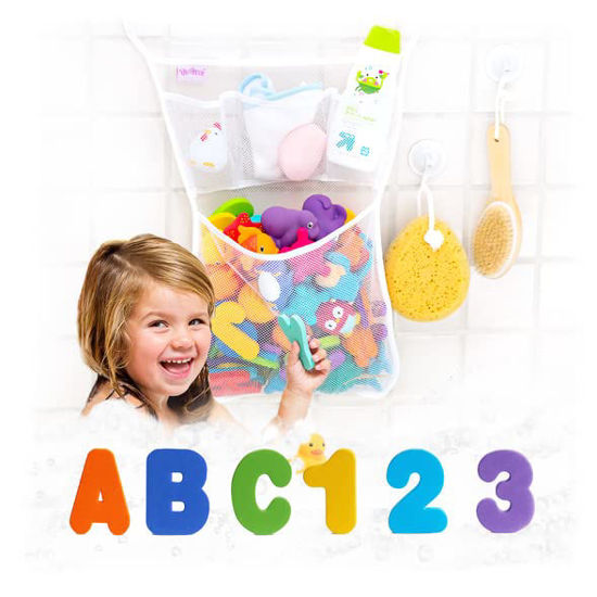 Picture of Tub Cubby Splash Party - Ultimate 52-Piece Bath Toy Play Set & Mesh Net Shower Caddy, with Suction & Adhesive Hooks, Squeezy Squirty Toys, Fishing Game, Cups, Floating Boat Toys, Shower Cap