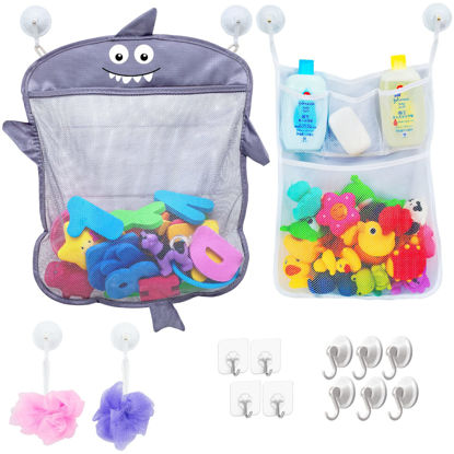 Picture of 2 x Mesh Bath Toy Organizer + 6 Ultra Strong Hooks - The Perfect Bathtub Toy Holder & Bathroom or Shower Caddy - These Multi-use Net Bags Make Baby Bath Toy Storage Easy - For Kids & Toddlers