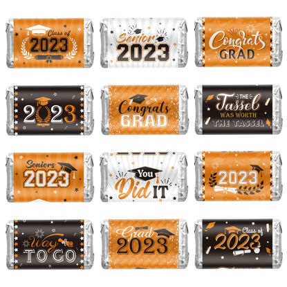 Picture of Graduation Decoration Label Sticker Congrats Mini Candy Bar Wrapper Class of Party Supplies for High School College Nursing Grad Celebration, Candy Not Included (Orange and Black 2023, 180 Pcs)