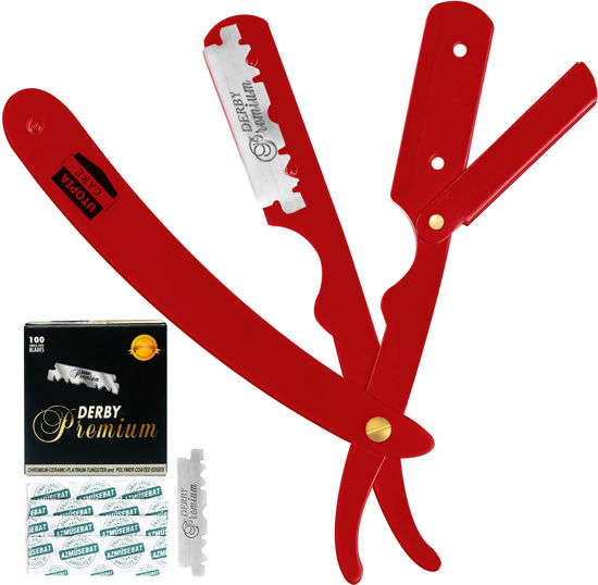 Picture of Utopia Care Professional Barber Straight Edge Razor Safety with 100-Pack Derby Blades - 100 Percent Stainless Steel (Red)