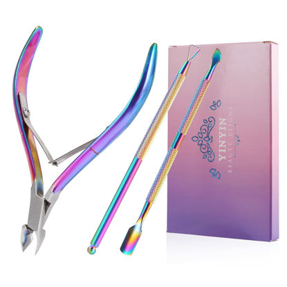 Picture of Cuticle Trimmer with Cuticle Pusher and Cutter,YINYIN Cuticle Remover Cutter Nipper Clippers Durable Pedicure Manicure Tools for Fingernails and Toenails(Rainbow)