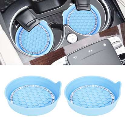 Picture of Amooca Car Cup Coaster Universal Non-Slip Cup Holders Bling Crystal Rhinestone Car Interior Accessories 2 Pack Light Blue