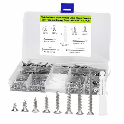 Picture of M3 Flat Head Wood Screws Assortment Fasteners Kit 420pcs,Phillips Drive Countersunk Head Self-Tapping Screws,304 Stainless Steel,Contains 20pcs M6 Screw Anchors