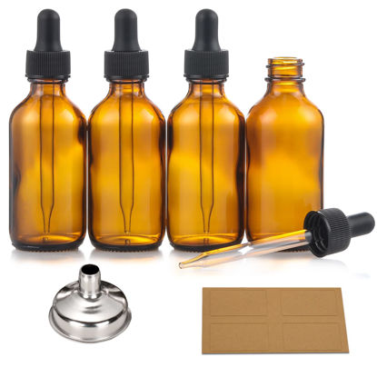 Picture of AOZITA 4 Pack, 2 oz Dropper Bottles with 1 Funnels & 4 Labels - 60ml Thick Dark Amber Glass Tincture Bottles with Eye Droppers - Leakproof Essential Oils Bottles