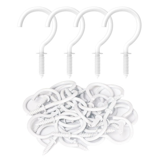 Picture of RELBRO 50 Pcs Screw Hooks, 1-1/4 Inch White Cup Hooks Screw in Mug Hooks Metal Heavy Duty Screw Wood Wall Ceiling Hooks Plant Hooks Indoor Outdoor for Utensils Baskets Lights Wind Chimes Decor