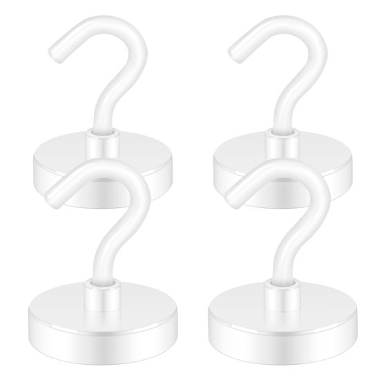 Picture of Neosmuk Magnetic Hooks Heavy Duty, Strong Magnet with Hook for Fridge, Super Neodymium Extra Strength Industrial Hooks for Hanging, Magnetic Hanger for Toolbox, Cruise, Grill(White,4 Pack)