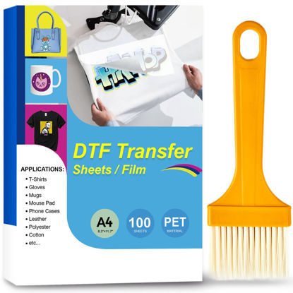 Picture of DTF Transfer Film with Brush - 100 Sheets A4/8.3 x 11.7" Premium PET Heat Direct to Film Transfer Paper for Sublimation Printer, Cold & Hot Peel DTF Paper on T Shirts, Easy to Use - by Godora