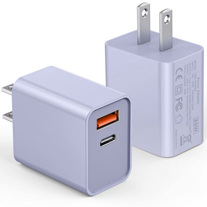 Picture of [2 Pack] USB-C Wall Charger, 20W Dual Port QC+PD3.0 Power Adapter, Double Fast Plug Charging Block for Samsung Galaxy S22 S21/S21+/S21Ultra/S20/S20+/S20 FE/Note 20Ultra, iPhone 13/14 Brick Box, Purple