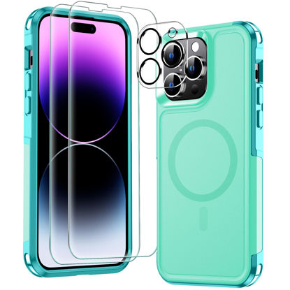 Picture of MOZOTER [6 in 1 Magnetic for iPhone 14 Pro Case,[12 FT Shockproof Compatible with Magsafe] [2 Pcs Glass Screen Protector+2 Pcs Camera Lens Protector] [Heavy Duty] Phone Case Cover 6.1-Light Green