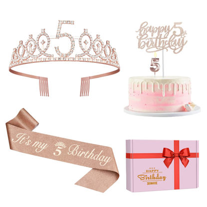Picture of 5th Birthday Decorations for Girls,5th Birthday Sash,Crown/Tiara,Candles,Cake Toppers.5th Birthday Gifts for Girls,5 Birthday Decorations for Girls,5 Birthday Party Decorations