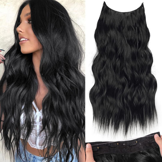 Picture of KooKaStyle Invisible Wire Hair Extensions with Transparent Wire Adjustable Size 4 Secure Clips Long Wavy Secret Hairpiece (24 Inch, Black)