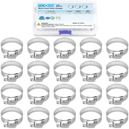 Picture of TICONN 20PCS Hose Clamp Set - 5/8''-1'' 304 Stainless Steel Worm Gear Hose Clamps for Pipe, Intercooler, Plumbing, Tube and Fuel Line