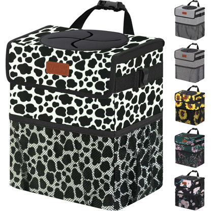 Picture of Vankor Car Trash Can for Car Cute Bag Bin Hanging Waterproof Automotive Car Garbage Cans Leak Proof Vehicle Trash Can Cow Print