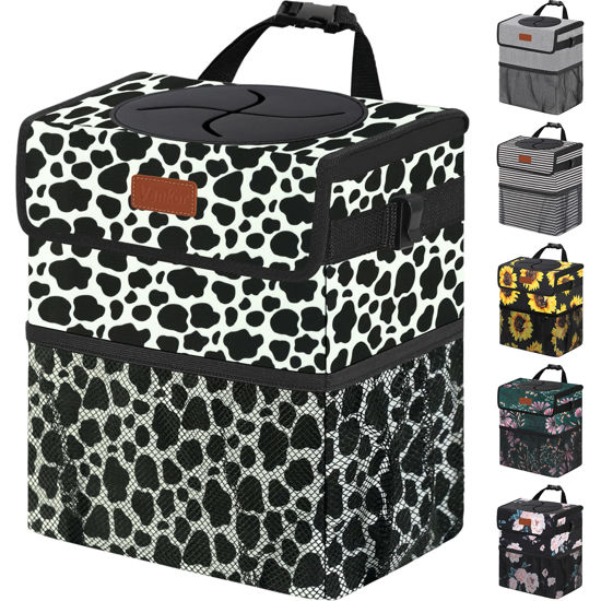 Picture of Vankor Car Trash Can for Car Cute Bag Bin Hanging Waterproof Automotive Car Garbage Cans Leak Proof Vehicle Trash Can Cow Print