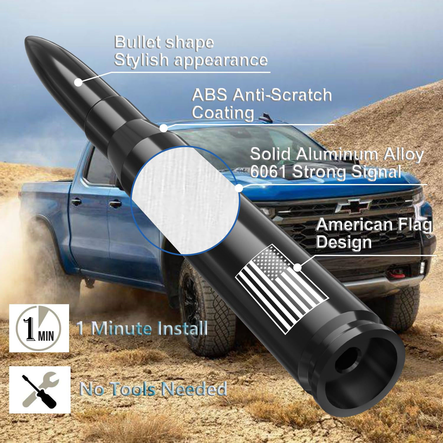 GetUSCart Car Truck Antenna with Valve Stem Caps American Flag